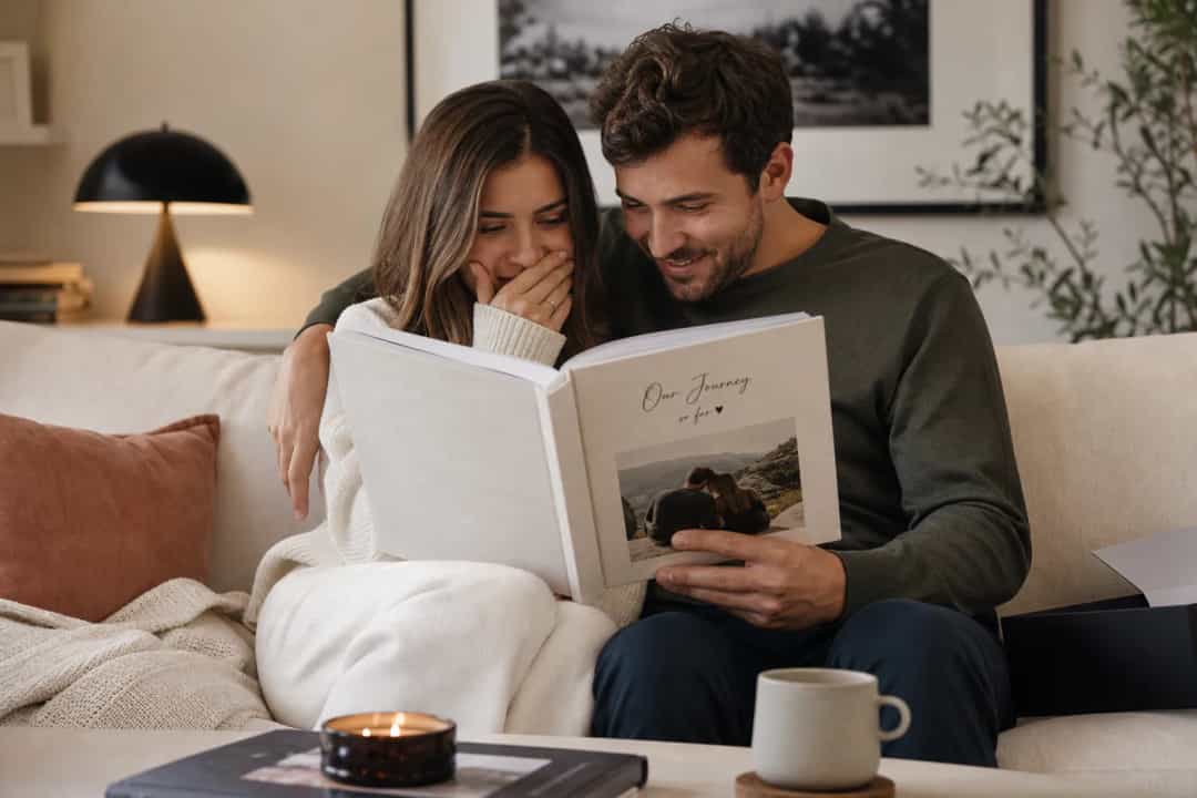 Couple looking through a photo book anniversary gift on a sofa