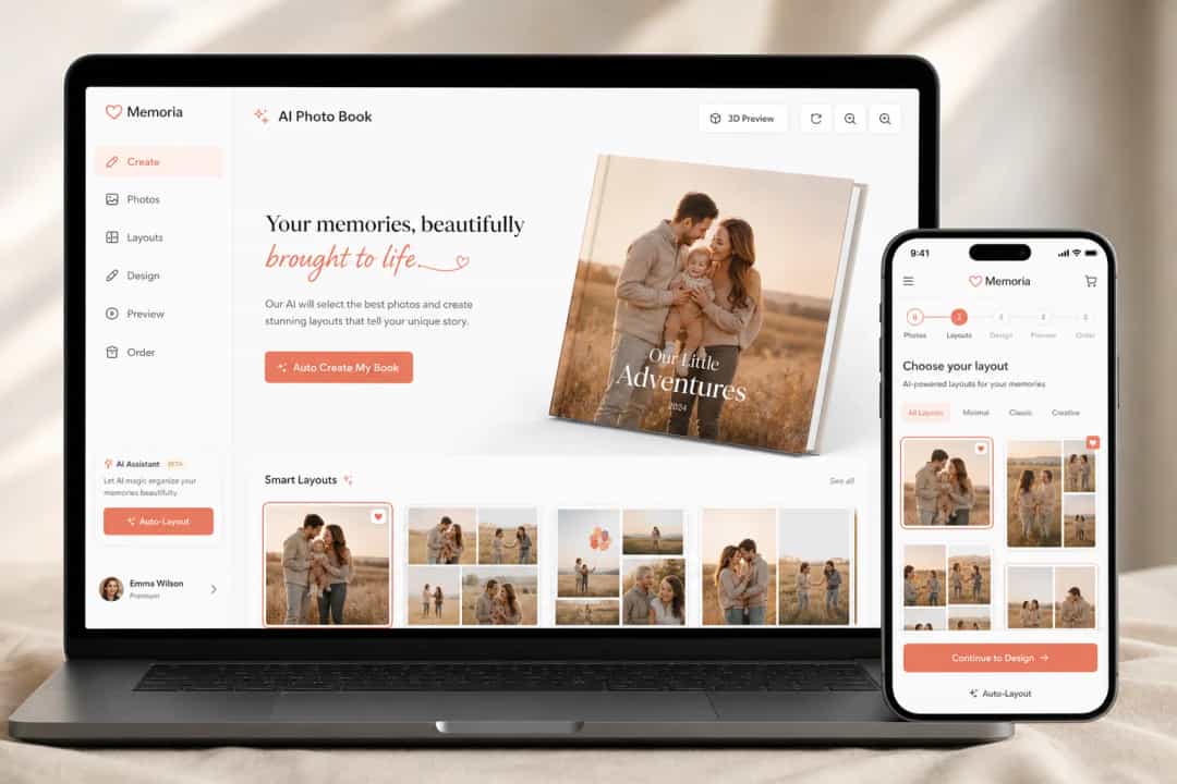 AI-powered online photo book creation on laptop and phone