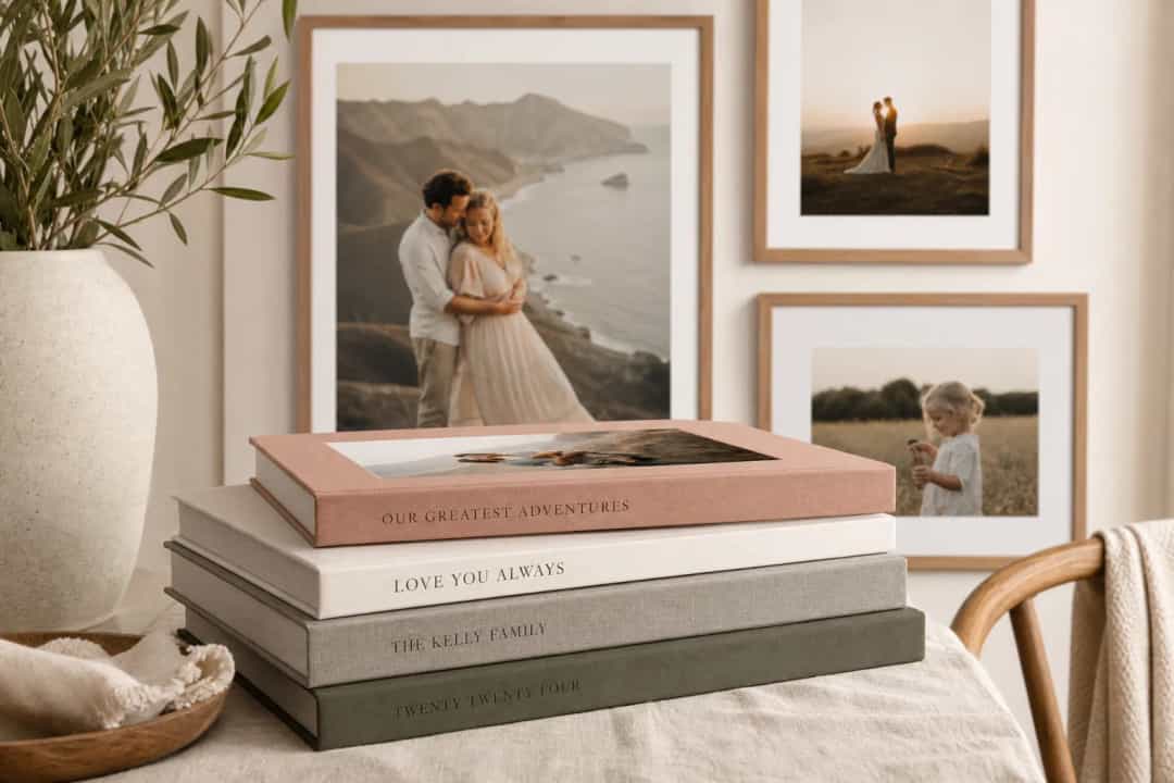 Premium photo books and wall art in a cozy home interior