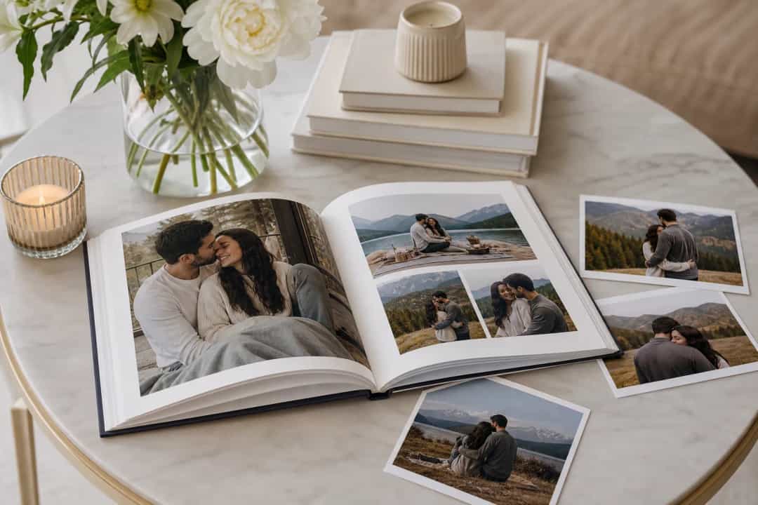 Romantic couples photo album on a coffee table