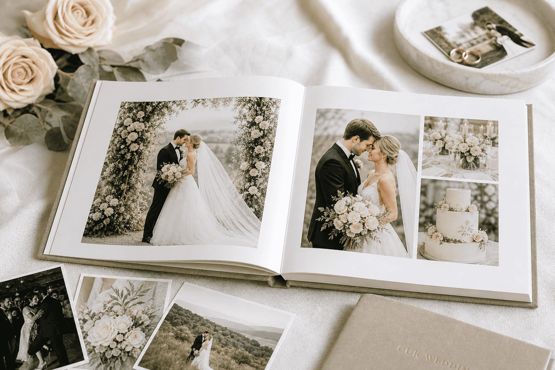 Elegant wedding photo book illustration on a table with printed photos