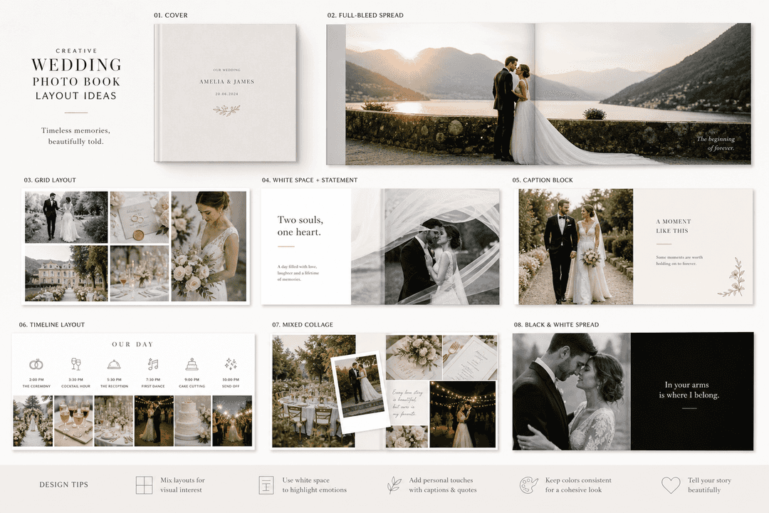 Creative wedding photo book layout with a dramatic full-bleed opening spread