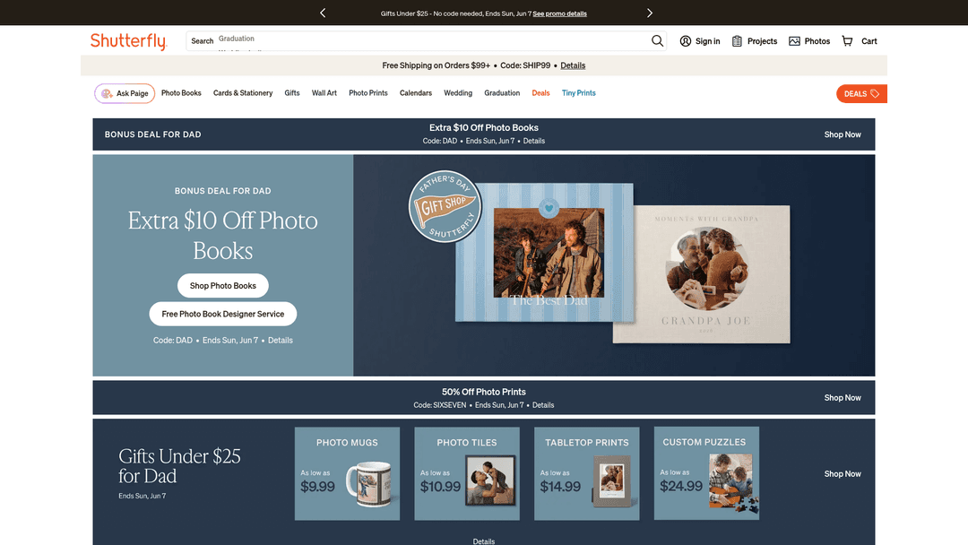 Screenshot of Shutterfly website