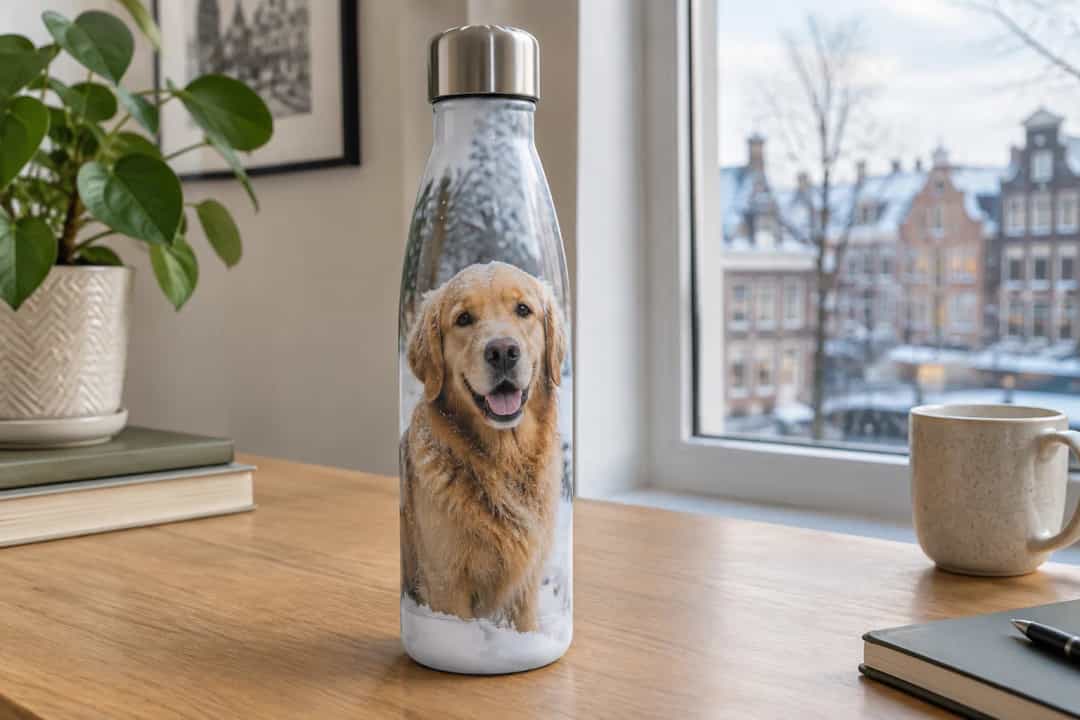Single pet portrait on a reusable photo drink bottle with space around the printed image