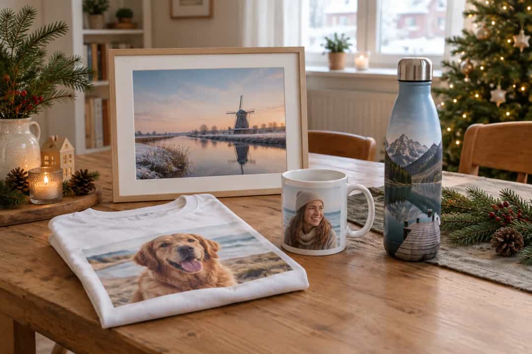 Christmas photo gift concepts showing wall art, a photo T-shirt, mug and reusable bottle