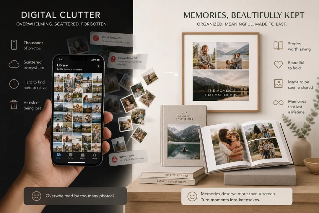 Illustration of smartphone photo clutter transforming into organized printed memory books and wall art