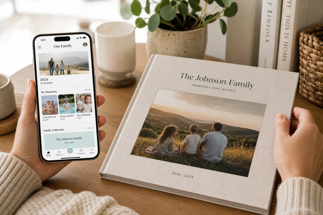 Illustration of a family memory-keeping scene with phone and printed photo book
