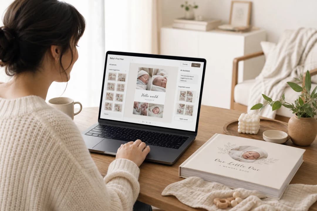 Illustration of a parent creating a baby milestone memory book on a laptop