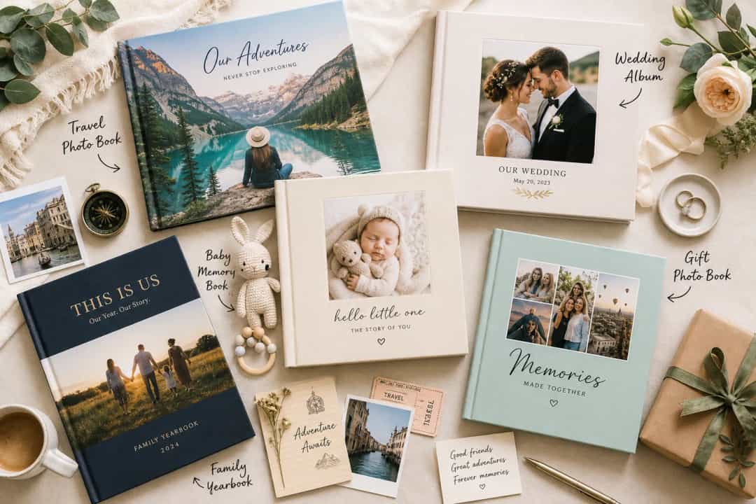 Illustration of various personalized keepsakes including travel, wedding, baby, and family books