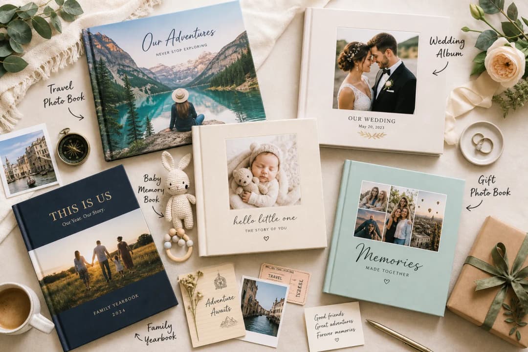 Illustration of various personalized keepsakes including travel, wedding, baby, and family books