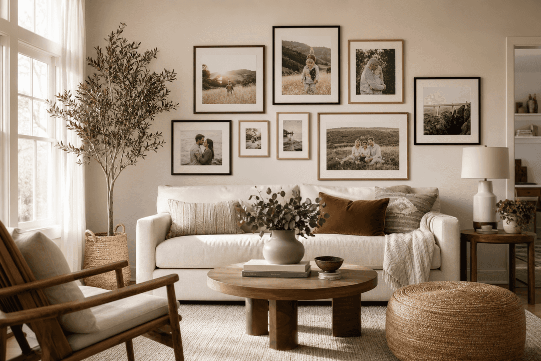 Modern living room with personalized photo wall art gallery wall