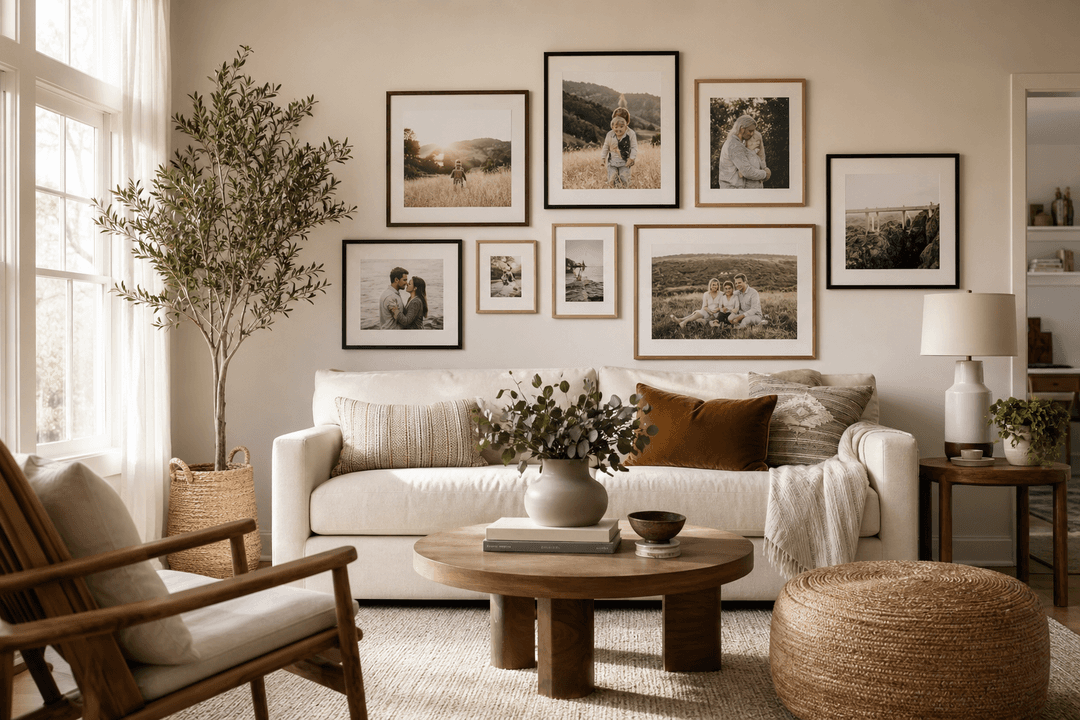 Modern living room with personalized photo wall art gallery wall