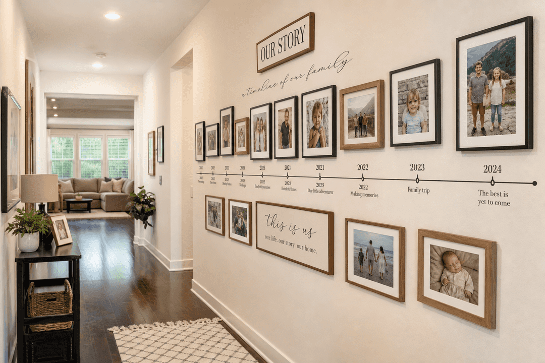 Family hallway with timeline gallery wall of framed photos