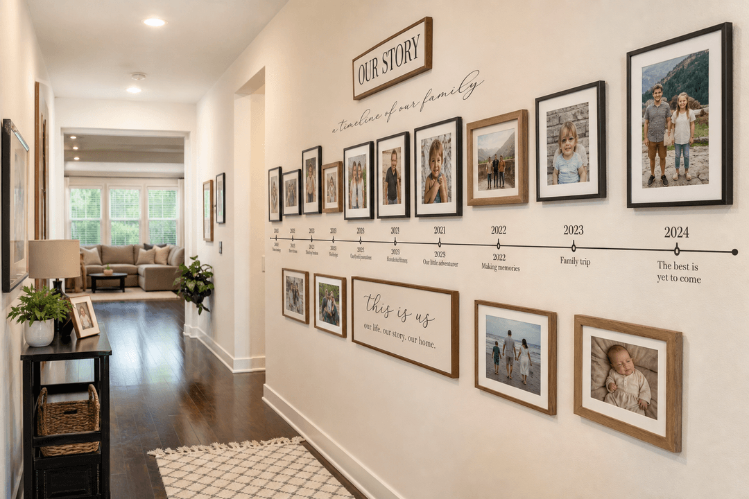 Family hallway with timeline gallery wall of framed photos