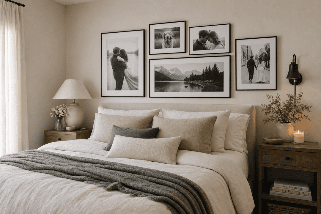 Cozy bedroom with black and white personalized photo wall art