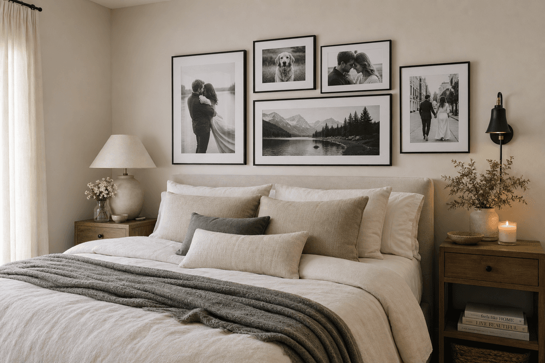 Cozy bedroom with black and white personalized photo wall art