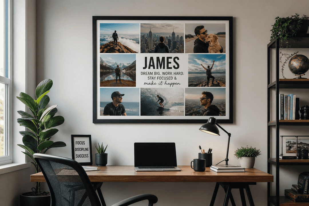 Home office with motivational personalized photo collage wall art