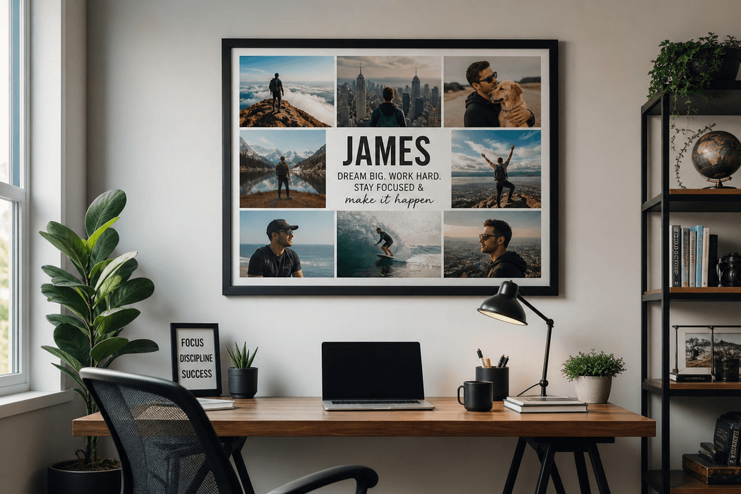 Home office with motivational personalized photo collage wall art