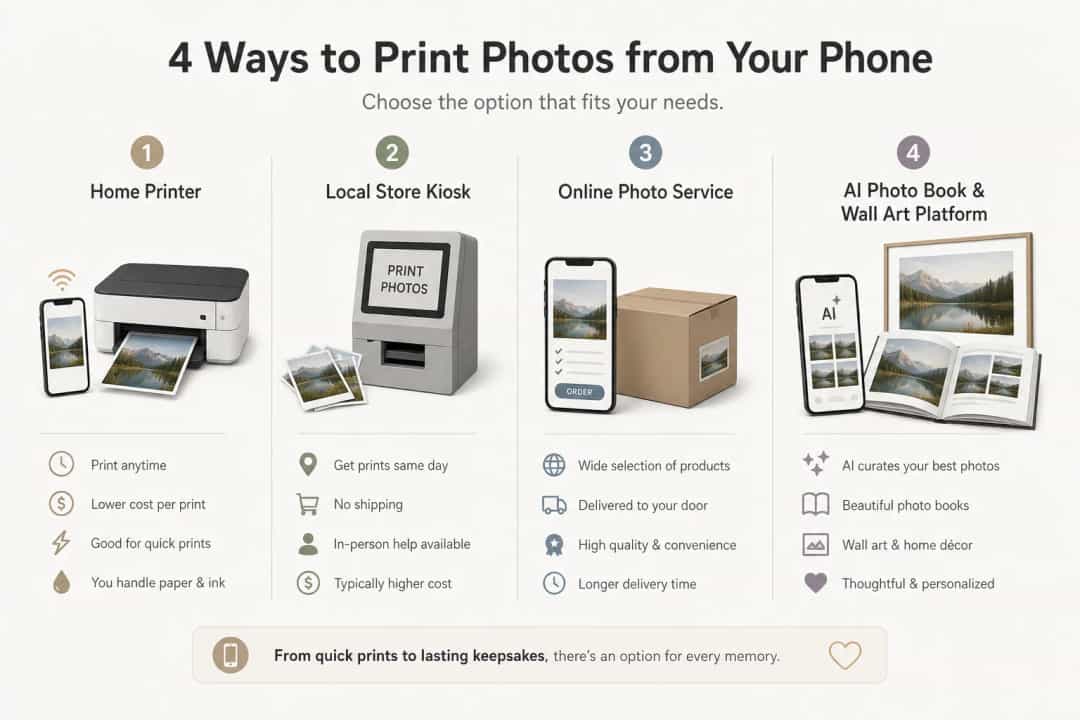 Infographic comparing home printer, store kiosk, online service, and AI platform
