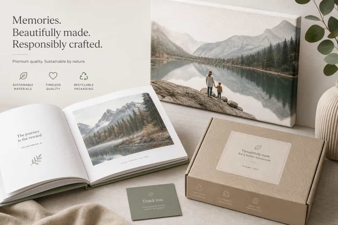 Illustration of premium photo book, wall art, and sustainable packaging