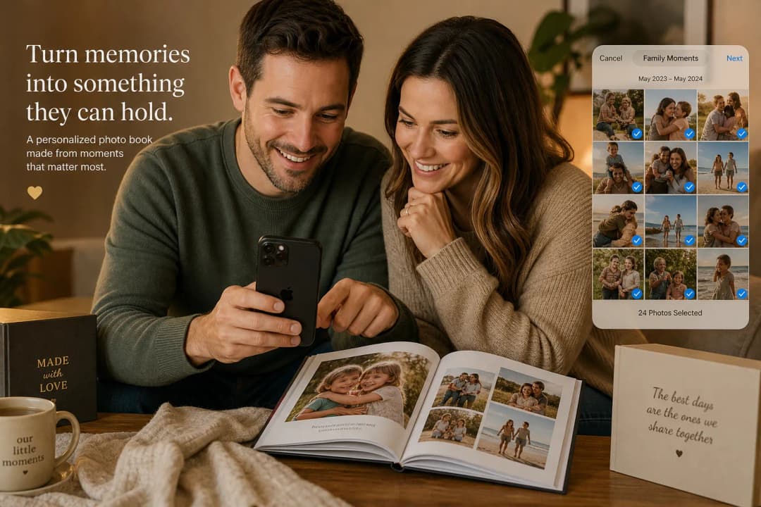 Warm family illustration of selecting iPhone photos for a photo book