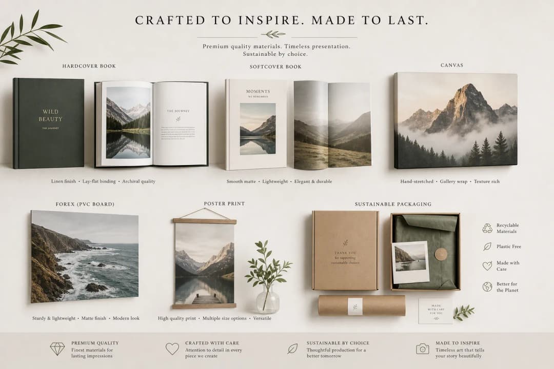 Illustration of premium photo books, wall art, and sustainable packaging