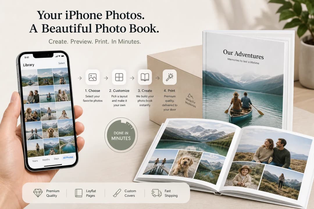 Illustration of creating a photo book from iPhone photos in minutes