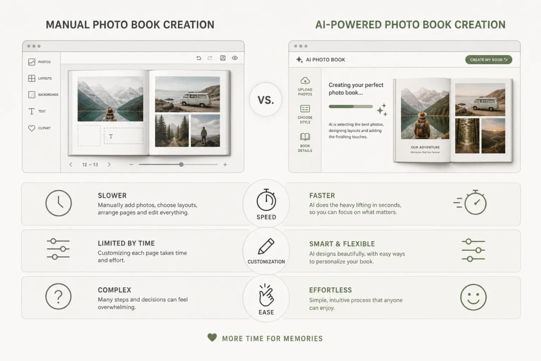 Infographic comparing manual vs AI-powered photo book creation
