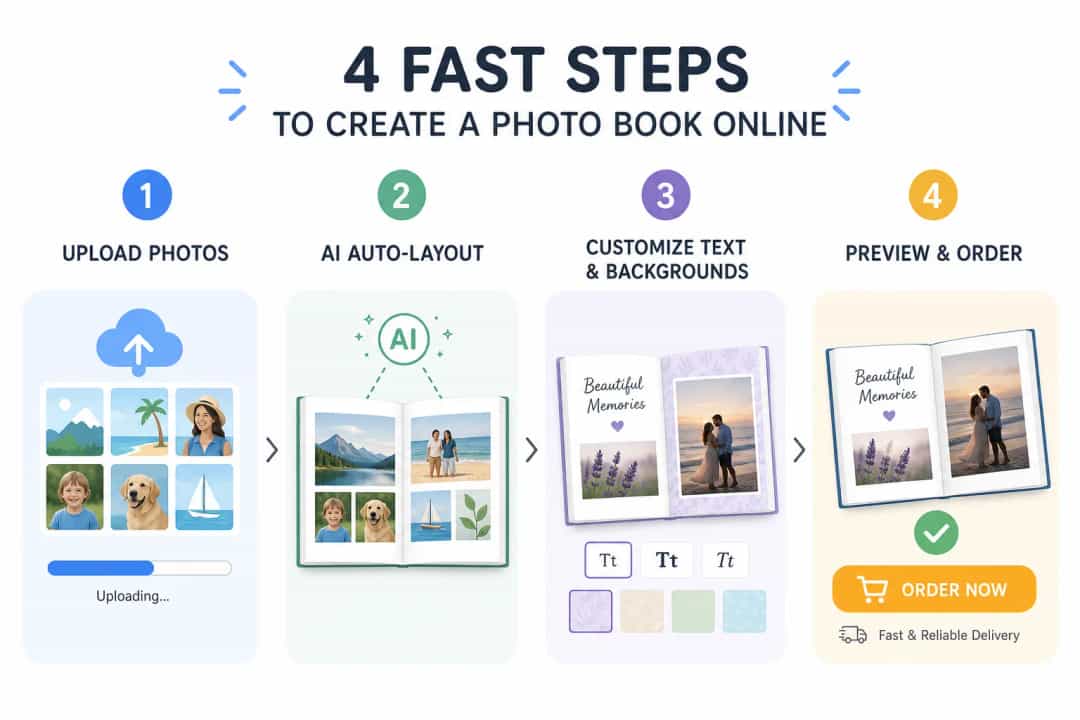 Infographic showing four quick steps to create a photo book online