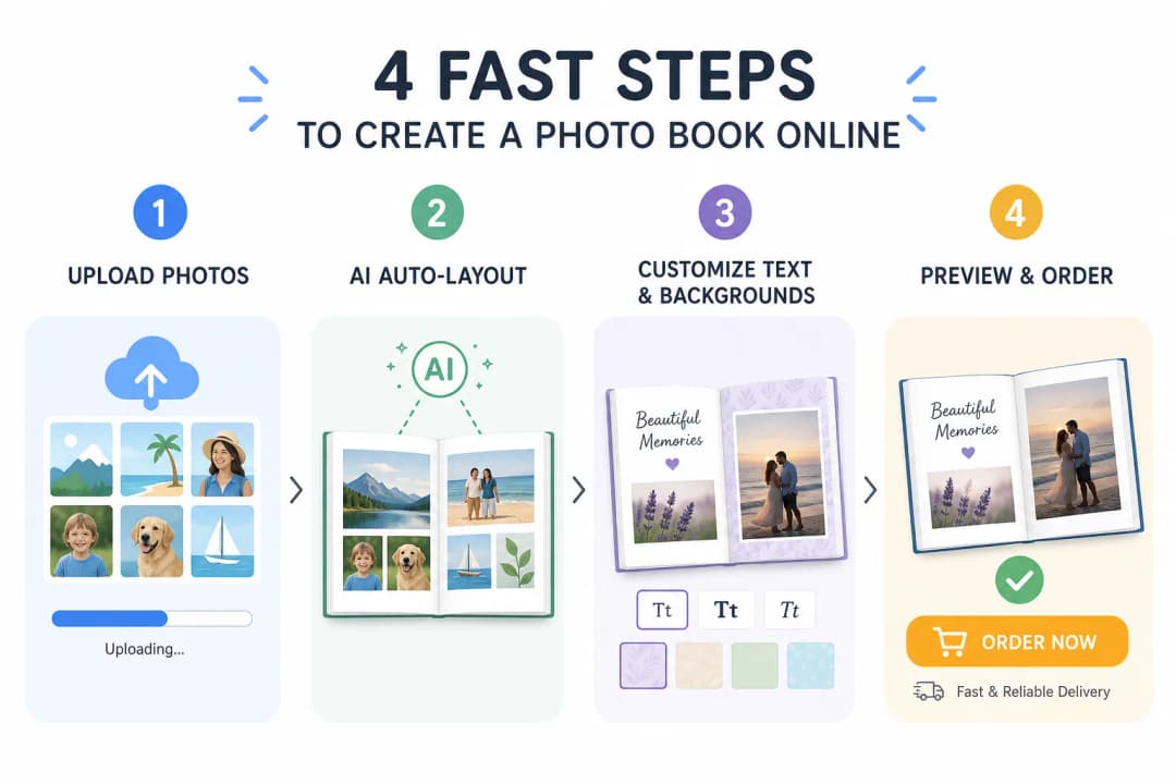 Infographic showing four quick steps to create a photo book online