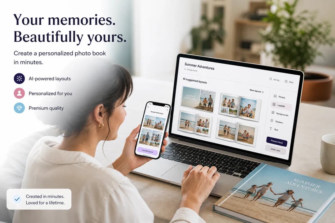 Person creating a photo book quickly online with AI assistance