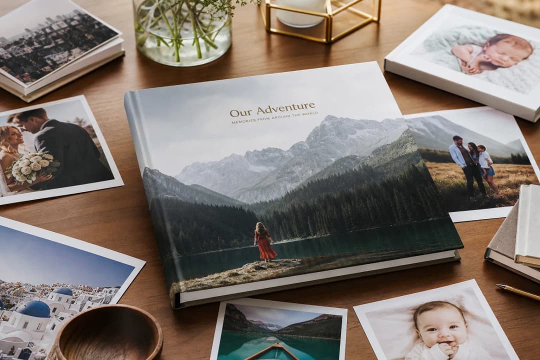 Premium personalized photo book with family, travel, wedding, and baby themes