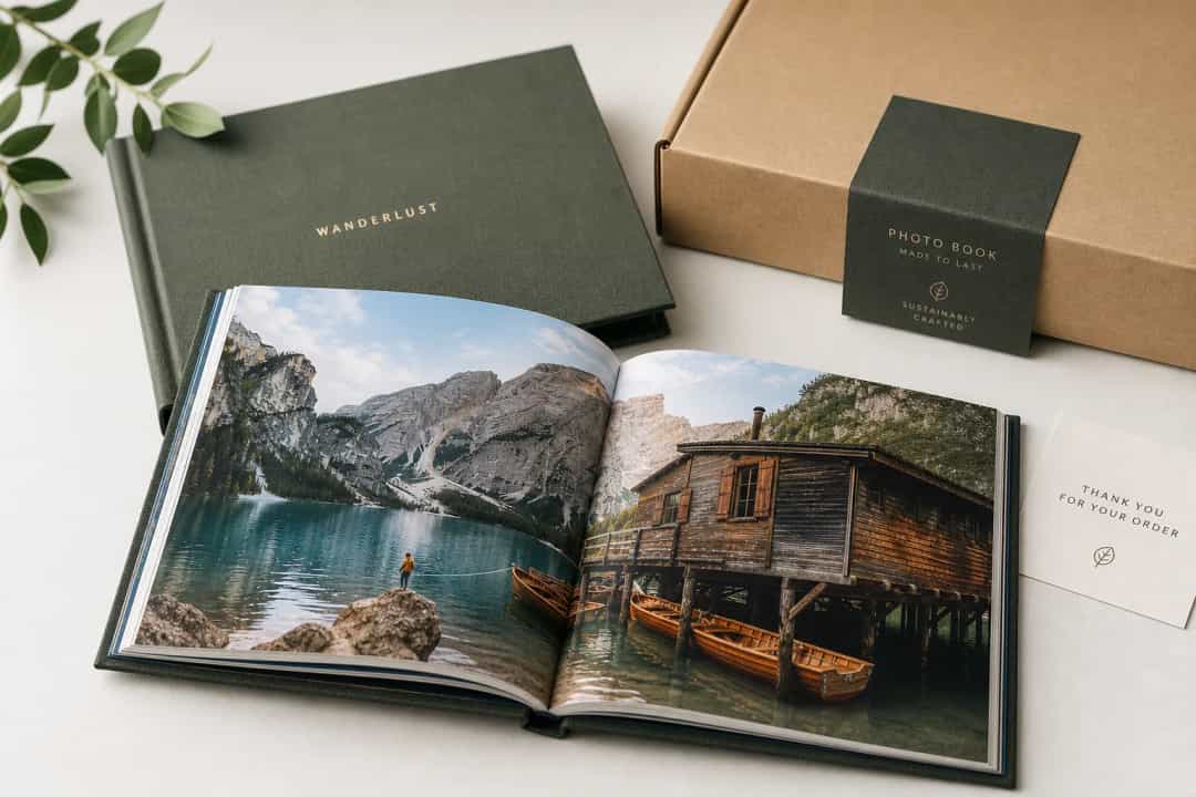 Premium printed photo book with crisp pages and recyclable packaging