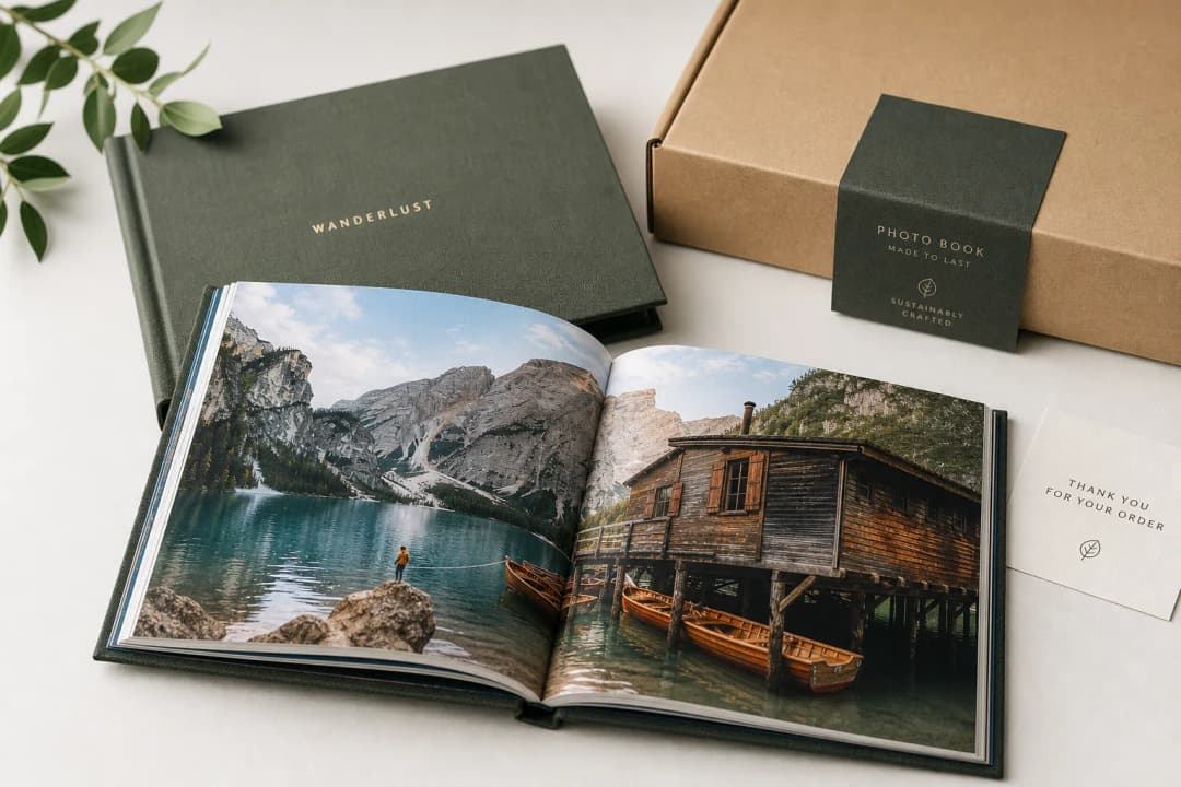Premium printed photo book with crisp pages and recyclable packaging