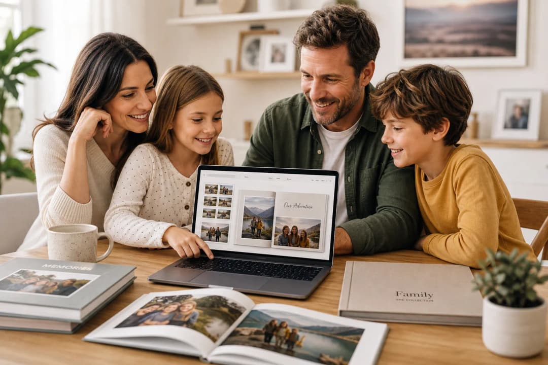 Family creating a photo book online together on a laptop