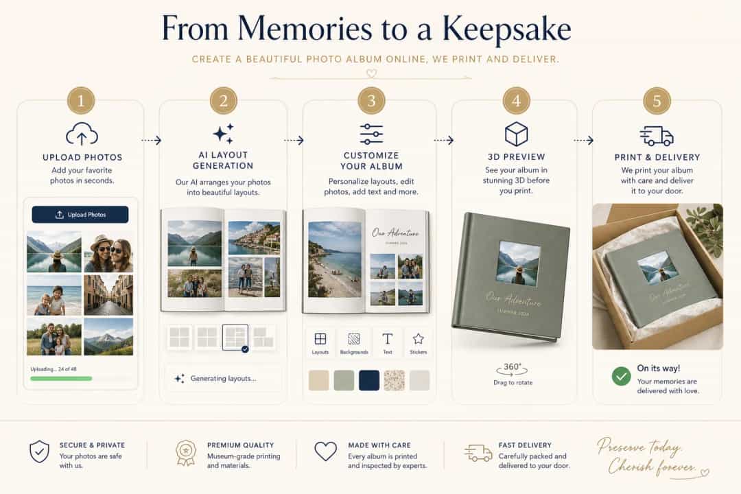 Infographic showing the steps to make a photo album online to print