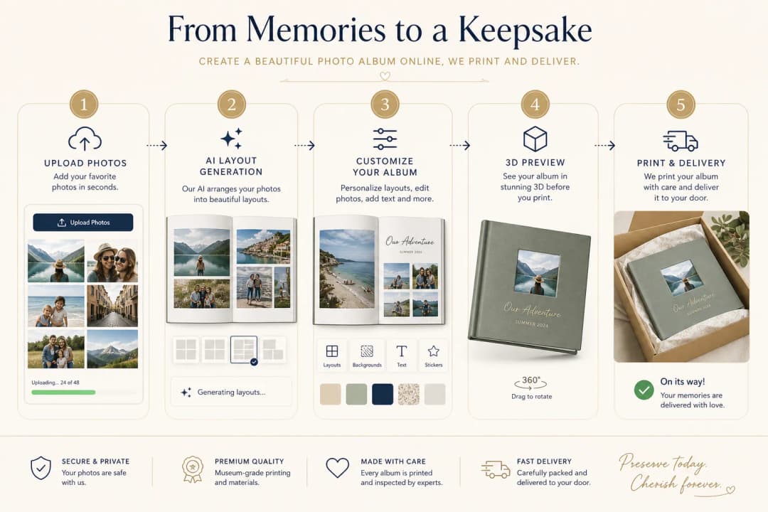 Infographic showing the steps to make a photo album online to print