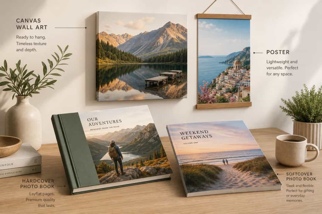 Illustration of printed photo books and wall art products on a table