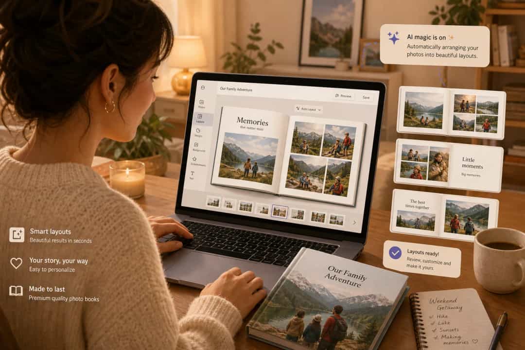 Illustration of creating a photo album online with AI-assisted layouts