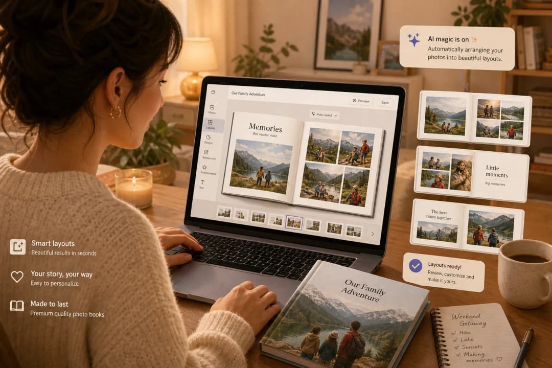Illustration of creating a photo album online with AI-assisted layouts