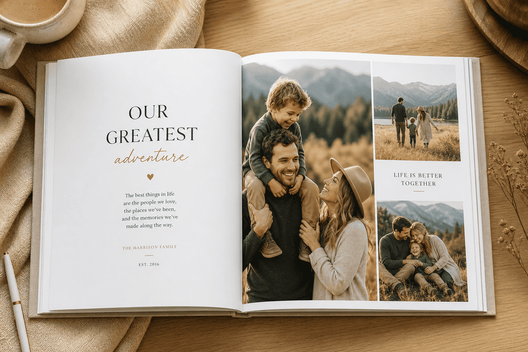 Personalized photo book with pictures and text on a table