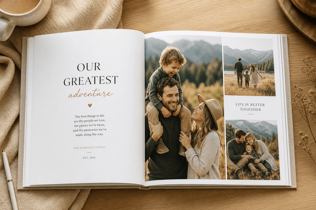 Personalized photo book with pictures and text on a table
