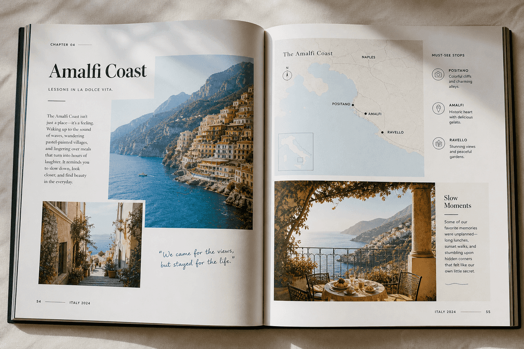 Travel photo book spread with maps and captions