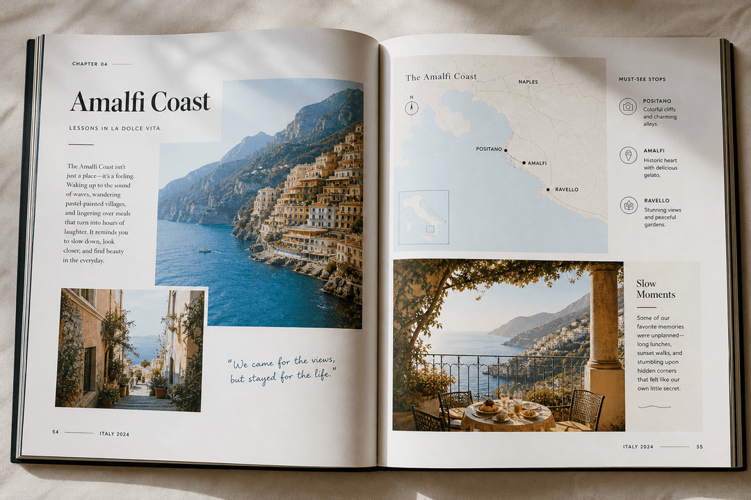 Travel photo book spread with maps and captions