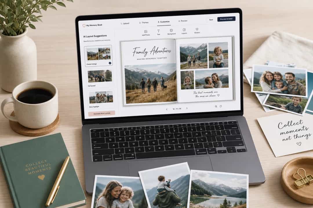 Creating a photo memory book online with AI layout suggestions