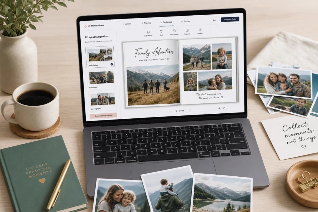 Creating a photo memory book online with AI layout suggestions