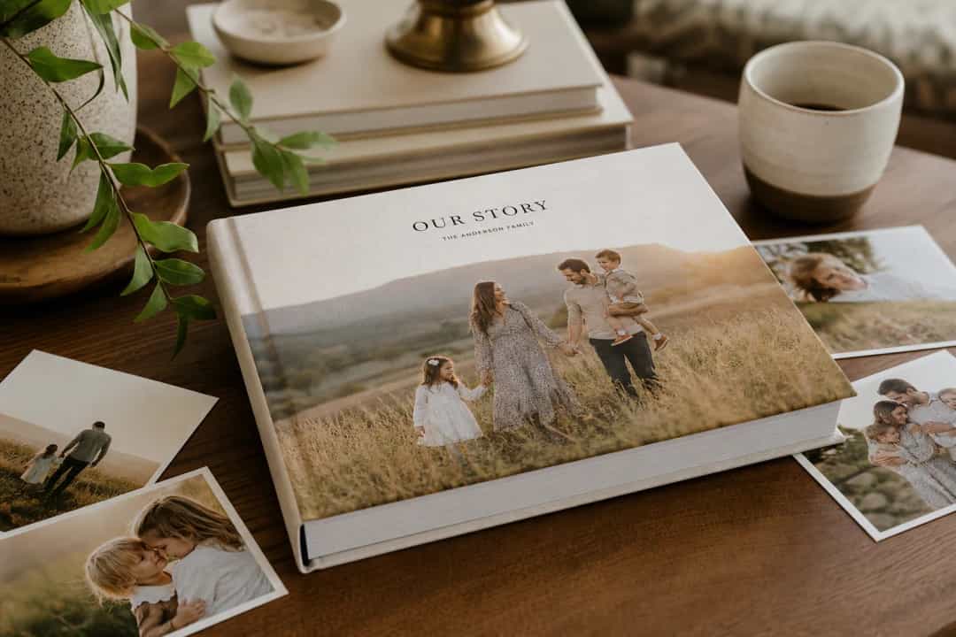 Family photo memory book on a coffee table