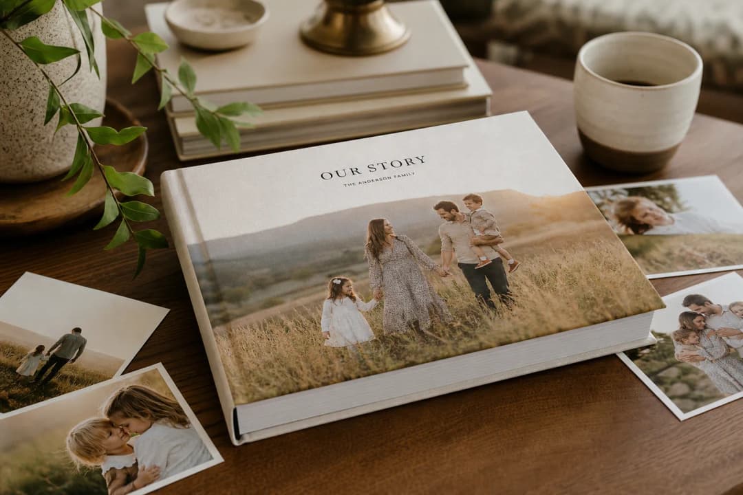 Family photo memory book on a coffee table