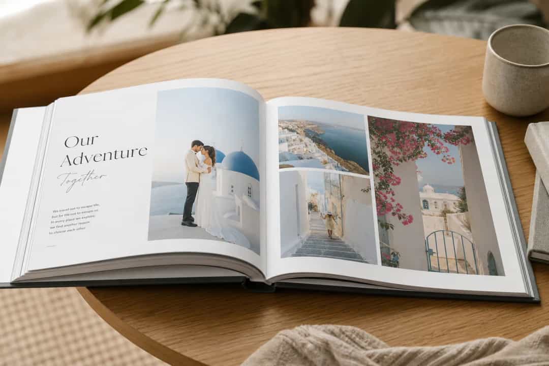 Premium photo book open to wedding and travel spreads