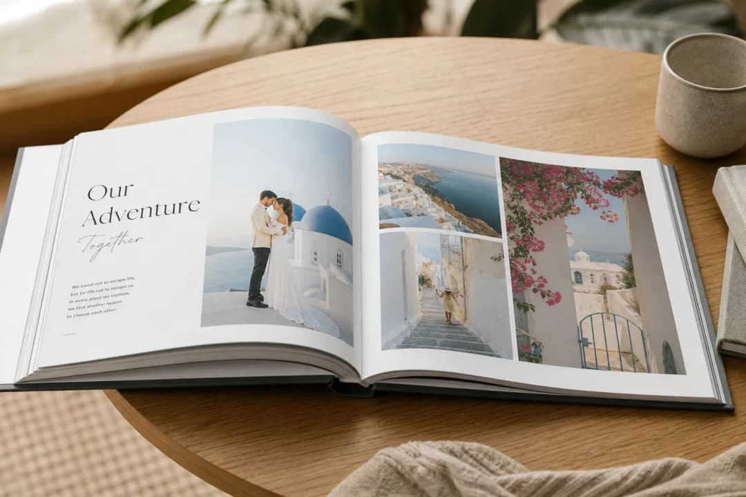 Premium photo book open to wedding and travel spreads